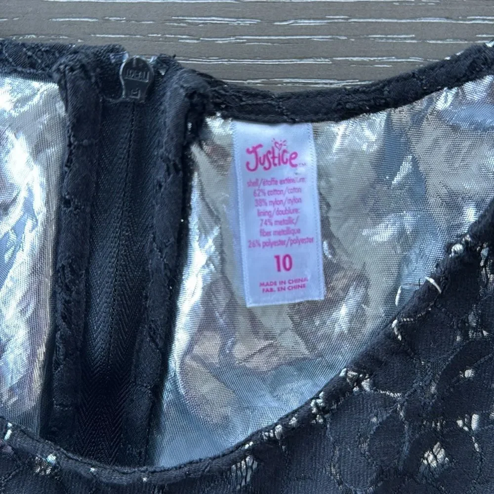 Justice Girl’s Size 10 Black Silver Dress Casual Formal Special Wear Lace EUC